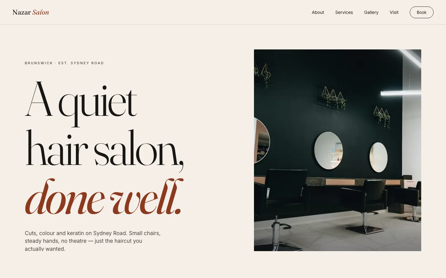 Nazar Salon website screenshot — hair salon in Brunswick
